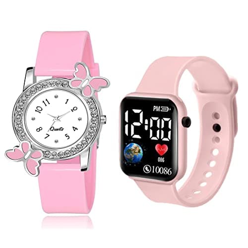 GOLDENIZE FASHION Waterproof LED Digital Display with Diamond Analog Butterfly Dial Women's & Girl's Combo Wrist Watches Pack f 2 (Pink)
