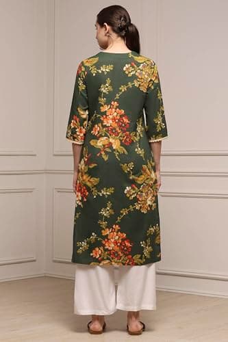 Biba Women Olive Green Cotton Straight Printed Kurta_38 5