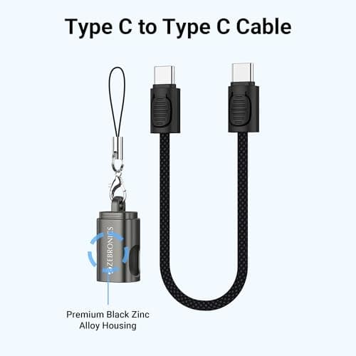 Zebronics Wattz 60CC4 Type-C to Type-C Braided Cable, PD 60W, Upto 480Mbps Data Sync, 20 cm, Durable, Charge & Sync, Rapid Charging, Compact with Keychain Case, For Laptops, Tablets, Mobiles (Black) 2