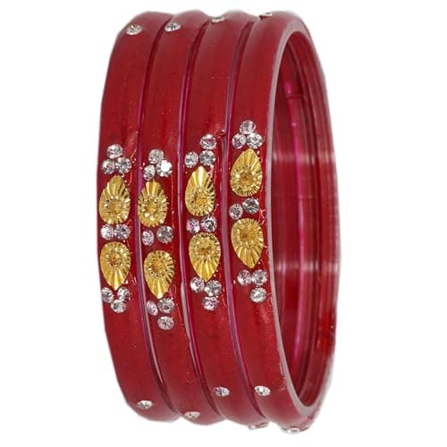 NMII Glass with Zircon Gemstone and Beads Studded Glossy Finished Kada For Women and Girls, Pack of 4, (Red_2.8 Inches)