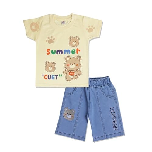 Tirupati Creation Baby Boy Clothes | Printed Round Neck Cotton Half Sleeve Tshirt & Denim Shorts Casual Summer Wear for Kids (Beige, 1-2 year)