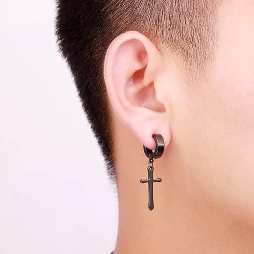 Vien Jewelry Jesus Cross Black/Silver Stainless Steel Hoop Huggie Earring for Men and Women 2