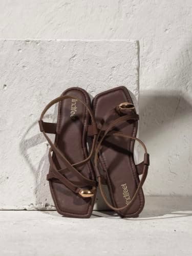 Indifeet Women Toe Ring Flat Sandals, Ankle Strap Slingbacks, Brown, UK 7 4