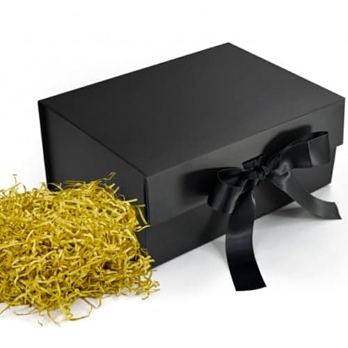 RBS®-Black Gift Box with Golden Filler 23x16x10cm Empty Hamper Box for Gifting Holds Upto 5kg Sturdy Cardboard Gift Boxes with 25g Decorative Shredded Paper Birthday, Diwali, Valentine’s Day Packing