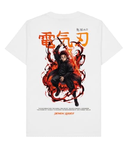 The Korhean Store Tanjiro Kamado Flame Aura Nichirin Sword Manga Style White Regular Fit Crew Neck 100% Breathable Cotton Graphic Printed T Shirt for Men & Women (in, Alpha, S) 2