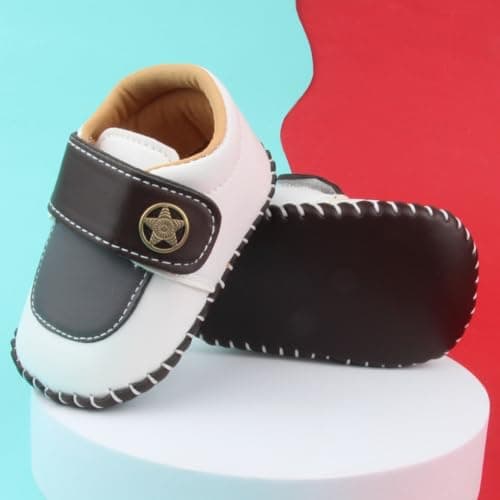 Neska Moda 6 To 12 Months Baby Boys & Girls Synthetic Leather Colorblock Hook & Loop Closure Booties (Dark Brown & White) - BT5009 5