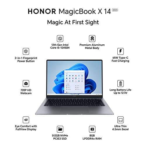 HONOR MagicBook X14 (2023), 12th Gen Intel Core i5-12450H (8GB/512GB NVMe SSD, 14-inch (35.56 cm) FHD IPS Anti-Glare Thin and Light Laptop/Windows 11/Backlit Keyboard/Fingerprint Login/1.43Kg), Gray 2