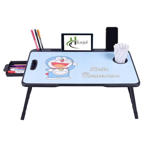 DIVIJA STORE Foldable Wooden Mini Laptop Table for Bed, Study Table with Drawer, Tablet/Mobile Holder for Kids & Adults (doremon), 59 cm, 8 cm