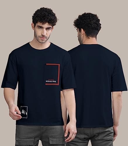 BULLMER Trendy Front Printed Oversized Round Neck T-Shirt for Men - Navy Blue/X-Large 2