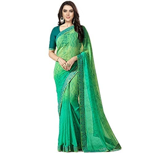 RAJESHWAR FASHION WITH RF Women's Zig Zag Printed Georgette Sarees For Women With Jacquard Lace Border & Blouse(A15 GREEN_Multicolored_Free Size 6.30 Mtr)