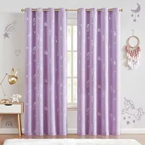 BFAM Kids Blackout Curtains 5 feet Set of 1 – 100% Room Darkening, Thermal Insulated, Noise Reducing, Cute Unicorn Lilac Prints, Eyelet Curtains for Playroom, Bedroom & Nursery, Pack of 1 Curtain