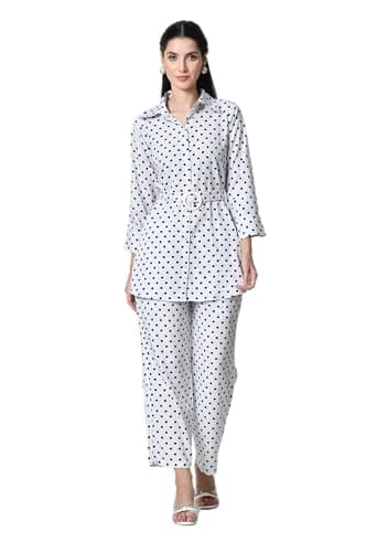 LIBOZA Co-Ord Dress for Girls Co Ord Set Stylish for Women Kurti Coord Dresses Kurta Pajama Sets Women's Trendy Night Clothes Top and Pant for Woman (WHITE-1, XL)