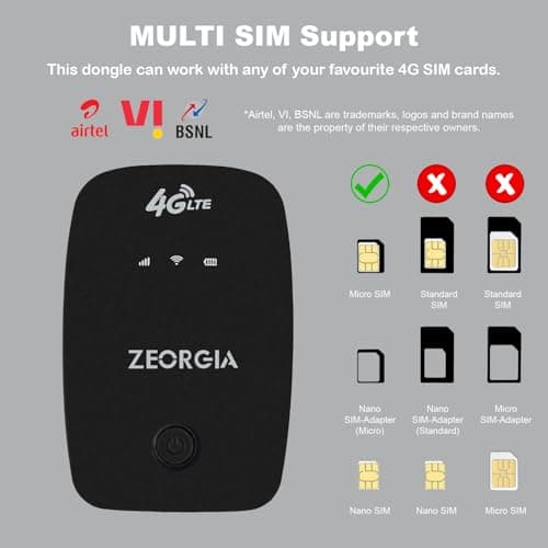 ZEORGIA 4G LTE Wireless Dongle with All Sim Network Support | Single Band Plug & Play Data Card with Up to 150Mbps WiFi Hotspot | 2100Mah Rechargeable Battery 3