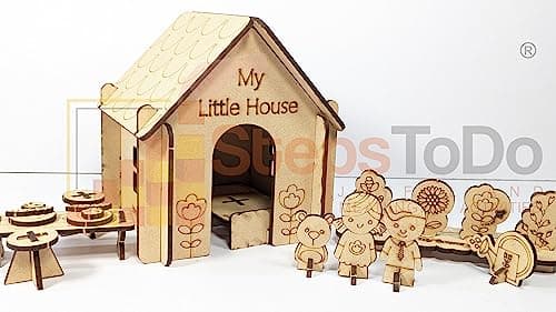 StepsToDo Pop Out Toy House Making Kit. Mini Dollhouse Set. Playhouse with Coffee Table, Seating Stool, Garden, Bed, a Girl Doll, a Boy Doll, and Teddy Bear 2
