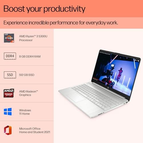 HP 15s, AMD Ryzen 3 5300U Laptop(8GB DDR4, 512GB SSD), 15.6"/39.6cm,FHD, Windows 11, MS Office 2019, Silver, 1.69kg, AMD Radeon Graphics, Dual Speakers, eq2143AU/eq2212au 2