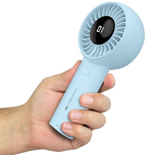 Zebronics Heat Buster 200, Portable Hand Fan, Upto 12h Backup, 3600mAh Rechargeable Battery, 5 Speed Modes, Upto 5.9m/s Airflow, LED Display, for Travel, Makeup, Office, Home (Blue)