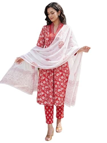 INDO ERA Women's Multi Pure Cotton Abstract Printed Flared Fusion Kurta & Pant Set