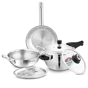 Bergner TriPro 5 Pcs Tri-Ply Stainless Steel Cookware Combo - 24cm/3L Kadai with Stainless Steel Lid, 22cm/1L Frypan and 3L Belly Shape Pressure Cooker with Extra Glass Lid, Healthy Cooking