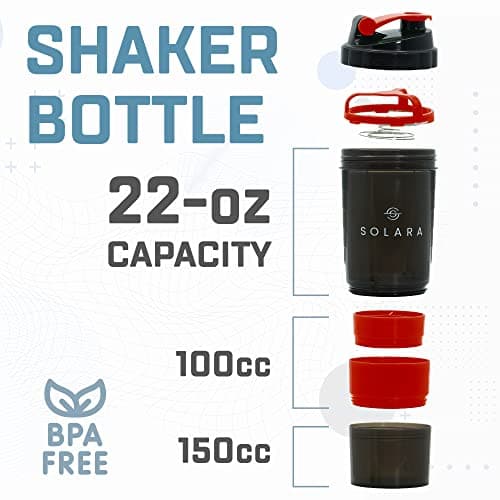 SOLARA 650 ML Protein Shaker Bottle, Gym Bottle, Two layer Extra storage for Protein Powder & Nuts | Mobile app with 50+ Home fitness videos eBooks | Black & Red (Tritan, Pack of 1) 2