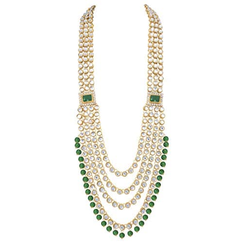 I Jewels Green Gold-plated Traditional Ethnic Indian Kundan Bridal Long and Short Necklace, Earrings, Hath Panja, Matha Patti, Nose Pin and Paso Set for Women 4