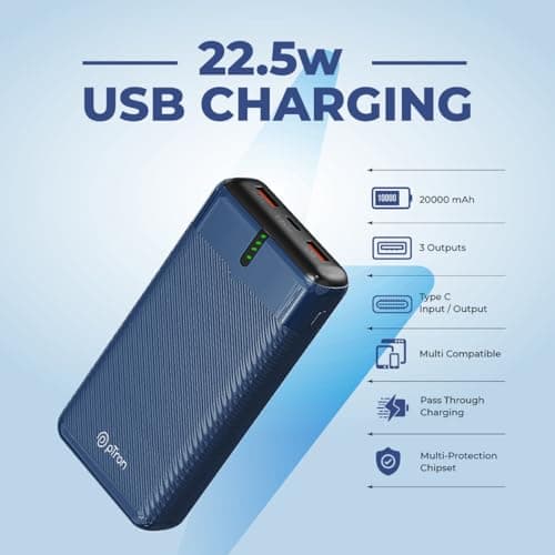 pTron Dynamo Surge 20000mAh 22.5W Fast Charging Power Bank, Supports VOOC/Wrap/Dash USB Charging, 20W PD Fast Charging, 3 Outputs, 1 Input & Multiple Layers of Protection,USB Type-C Input (Blue) 5