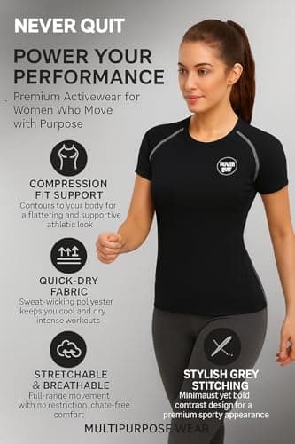 NEVER QUIT Women Half Compression T-Shirt for Gym Workout | Stretchable Quick-Dry Activewear | Sports Running Top for Fitness, Yoga, Training & Exercise (in, Alpha, M, Regular, Black & Grey) 5