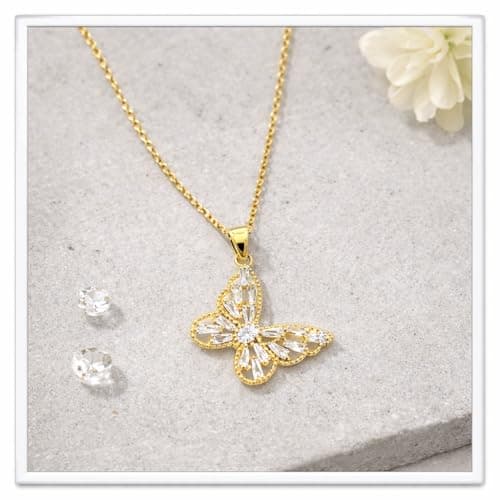 MIAMI American diamond AD Jewellery Gold Butterfly Necklace for Woman Stainless Steel Adjustable Neck Chain Pendant Necklace Stylish Locket Anti Tarnish Valentine Gifts for Women Girlfriend -293 4