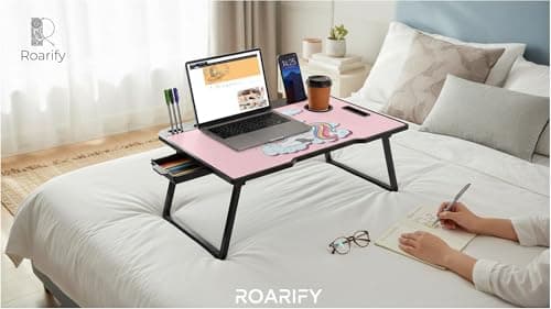 ROARIFY Foldable Wooden Mini Laptop Table for Bed & Study | Portable Laptop Desk with Drawer & Mobile Holder | Multipurpose Study Table for Kids & Adults (Unicorn) 2