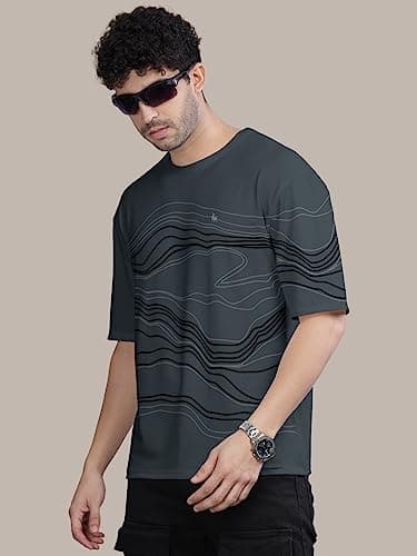 BULLMER Trendy Front Printed Oversized Round Neck T-Shirt for Men - Dark Grey/Medium 5
