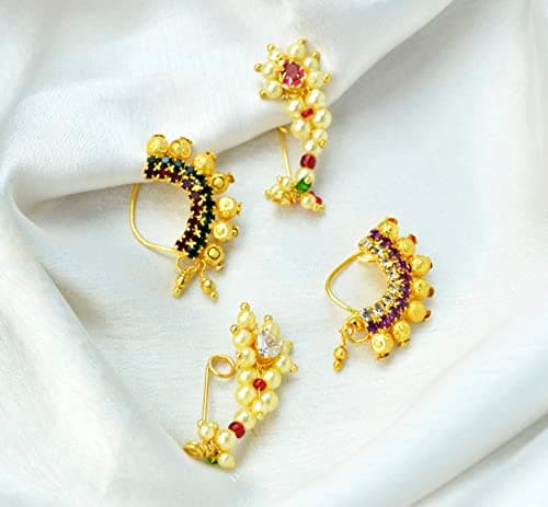 KYOOT JEWELS Maharashtrian Nath Combo Nose pin without piercing Pearl Diamond Gold Plated Nathni Clip On Ruby Green Moti Nose Ring For Women (Combo 1) 4