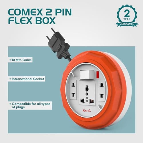 Fybros Comex 2 Pin Extension Cord, Extension Box,Thermal Protection,Power Indicator,6 AMP Output, 2 Year Warranty, 10 Meter Heavy Duty Cable, Surge and Spike Guard (Multicolor) - Made in India 2