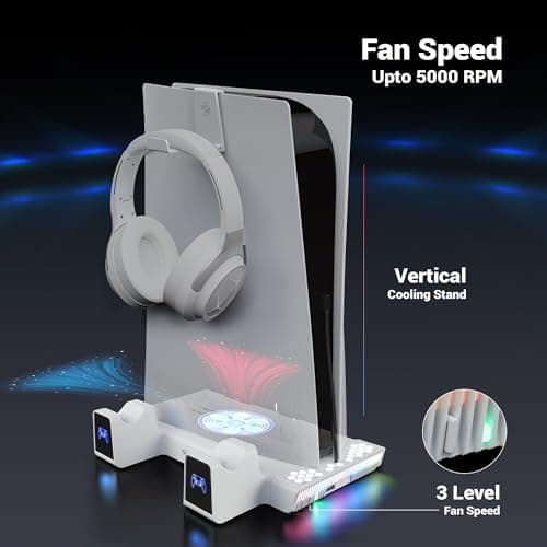 ZEBRONICS PS5SC,Vertical PS5 Docking Station, 5000RPM 3 Level Fan, 2X Dual Sense 3H Rapid Charging Dock, Headset Hanger, 14x Disk Holder, RGB, Supports PS5 Standard | Slim | Pro (Disk & Digital) 3