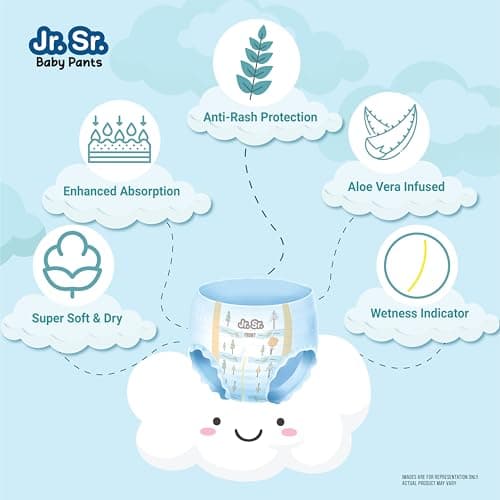 Jr. Sr. Baby Diaper Pants | Large (L) Size (9-14 kg), 60 Count | Pack of 1 | Upto 12 hr Absorption with Advanced Leak Protection | Safe For Babies Skin | Soft, Secure & Comfy 4