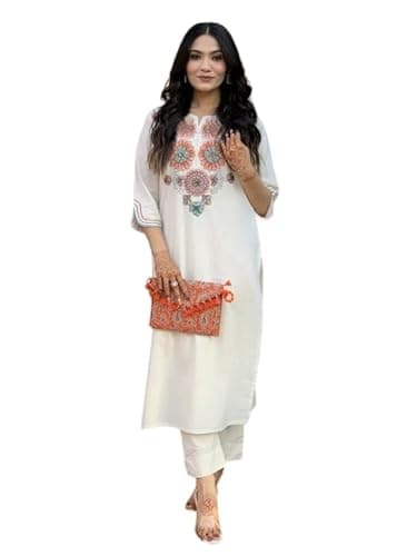 Women's Pure Cotton Embroidery Co-Ord Set | White Floral Coo-rd Set for Women | Cotton Kurti Pants Set Size -XL