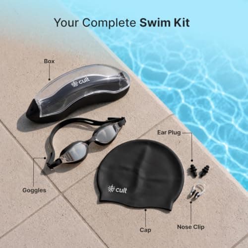 CULT Swimming Cap Goggles with Ear Plugs & Nose Clip Set for Men & Women, Anti-Fog Swimming Goggles with Adjustable Strap, Silicone Swim Cap Combo for Training, Pool & Fitness, Black 4