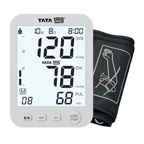 Tata 1mg Wide Screen Blood Pressure Monitor | High Accuracy | Irregular Heartbeat Detection | Large Backlit Display | Universal Cuff | 2-User, 180 Memory | USB-C & Battery | Gold Chip Microcontroller-
