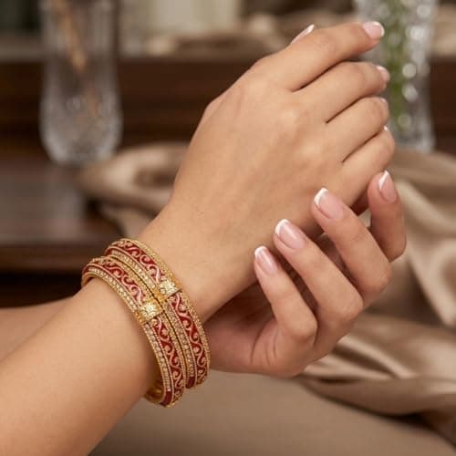 ACCESSHER Gold Plated Red Enamel Bangle Style Brass Kada for Women | Traditional Rajwadi Bangles with White Stones | Stylish Bangles Set for Girls and Women (2.8) 4
