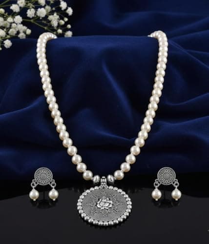 JFL - Jewellery for Less Bead Necklace Silver Plated Ganesha Pendant Set For Women,Valentine 2