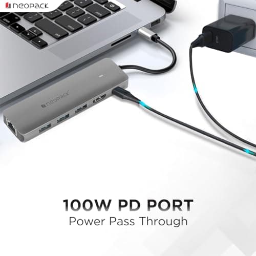 Neopack 6 in 1 USB C Hub Multiport Adapter with HDMI 4K 30Hz, 100W PD Fast Charger, USB 3.0 5Gbps Data Ports, RJ45 for MacBook Pro, MacBook Air, iPad Pro, XPS & More 5