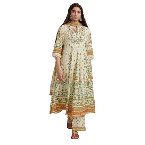 Biba Women Cream-Toned Cotton Printed Kalidar Suit Set_34