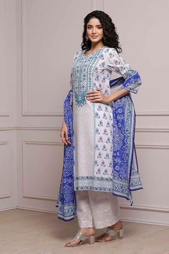 Biba Women Blue Cotton Straight Suit Set_34 5
