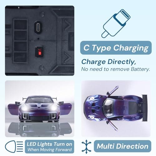 Popsugar Door Opening Remote Control Car|Rechargeable 1200mAh Lithium Battery|C-Type Charging|75-Min Runtime|2.4G Long Range Remote (100+ ft)|HighSpeed RC Car|Gift for Kids|Made in India (Purple) 4
