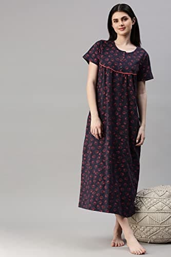 KRYPTIC Womens Navy Printed Pure Cotton Maxi Nightdress(Navy-M) 5