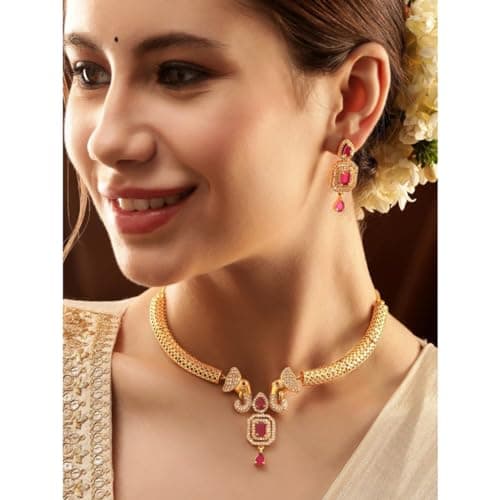 Rubans Premium 22K Gold Plated Traditional Elephant Design Necklace Set with Pink Stones and CZ Studded for Women and Girls, Perfect for any Festive & Wedding Occasions 2