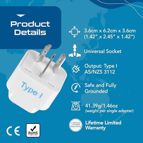 Ceptics India to Australia Plug, New Zealand & China & More - Pin Type I - Ce Certified - Rohs Compliant - White - 1 Pack - 5 Years Warranty 4