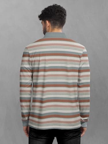 BULLMER Striped Textured Printed Polo Neck Fullsleeve T-Shirt with Rib for Men_Brown_Medium 3