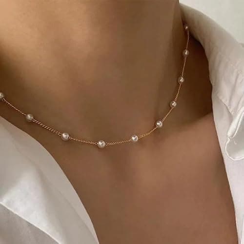SASHAA Gold Plated Pearl Beaded Choker Necklace for Women & Girls | Minimalist Pearl Chain Necklace | Elegant Short Layer Necklace | Trendy Fashion Jewellery for Party & Gifts 2