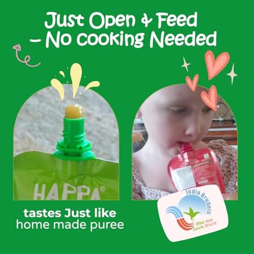 Happa Organic Baby Food Puree Travel Combo | 100% Fruits and Vegetables | No Added Sugar, No Milk Powder, No Preservatives | Stage 2 (6 Months+) | Ready to Eat | Free from Common Allergens | Pack of 4 5