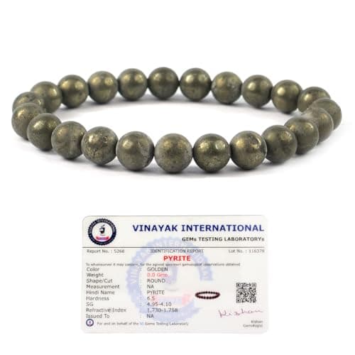 Certified Pyrite Bracelet for Men & Women, 8 mm Round Beads, Natural Pyrite Stone for Wealth, Confidence & Positive Energy, Reiki Charged Stretchable Jewellery