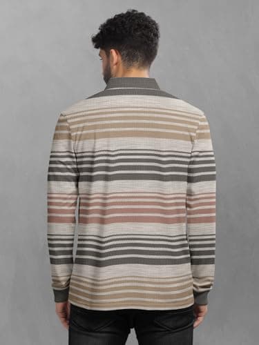 BULLMER Striped Textured Printed Polo Neck Fullsleeve T-Shirt with Rib for Men_Beige4_Large 3